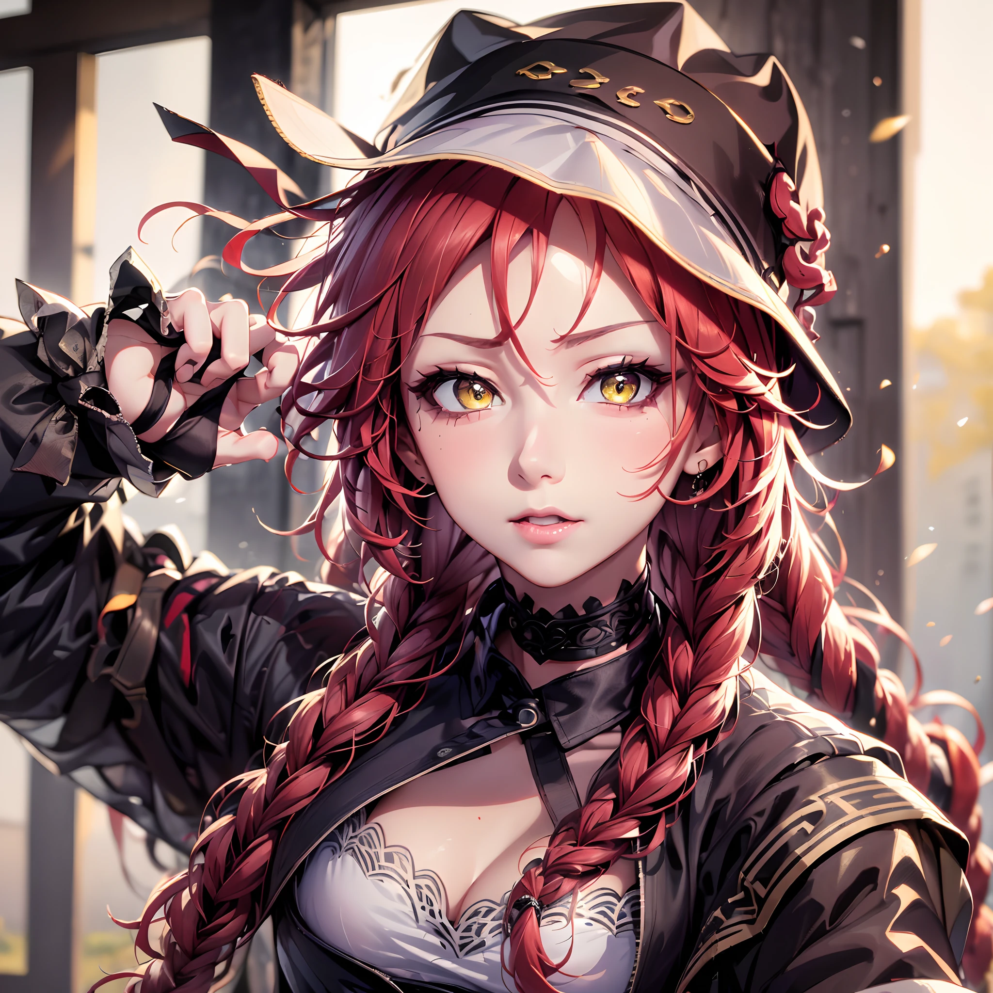 lupusregina_beta, 1girl, braid, twin braids, yellow eyes, long hair, red hair, hat, choker, highres, sharp focus, pixiv masterpiece, ((intricate details)), highly detailed,