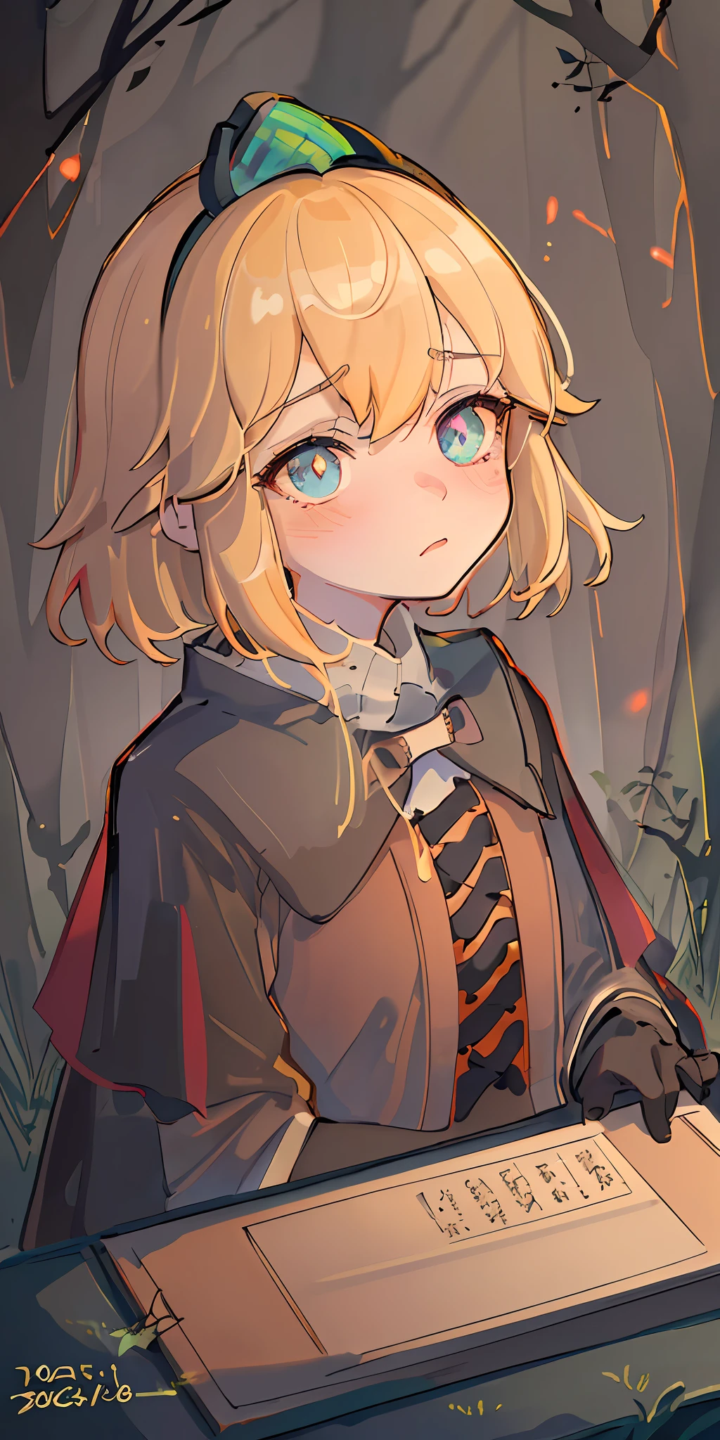 Very high quality, detailed, dark, forest, night dark, glow, 1girl, glowing,blonde, crown, loli, short hair, Upper body, middle of forest, detailed eyes, tear, blushed, dark forest, shadow, detailed face, very detailed eyes, glowing eyes, shadow in face, look at Camera, more colorfull