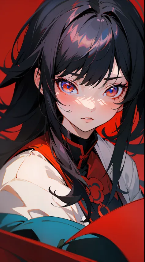 Anime girl with black hairstyle and red background, Guviz, Guviz-style artwork, a beautiful anime portrait, Stunning anime face portrait, detailed portrait of an anime girl, Beautiful character painting, Portrait of an anime girl, Beautiful anime woman, Be...
