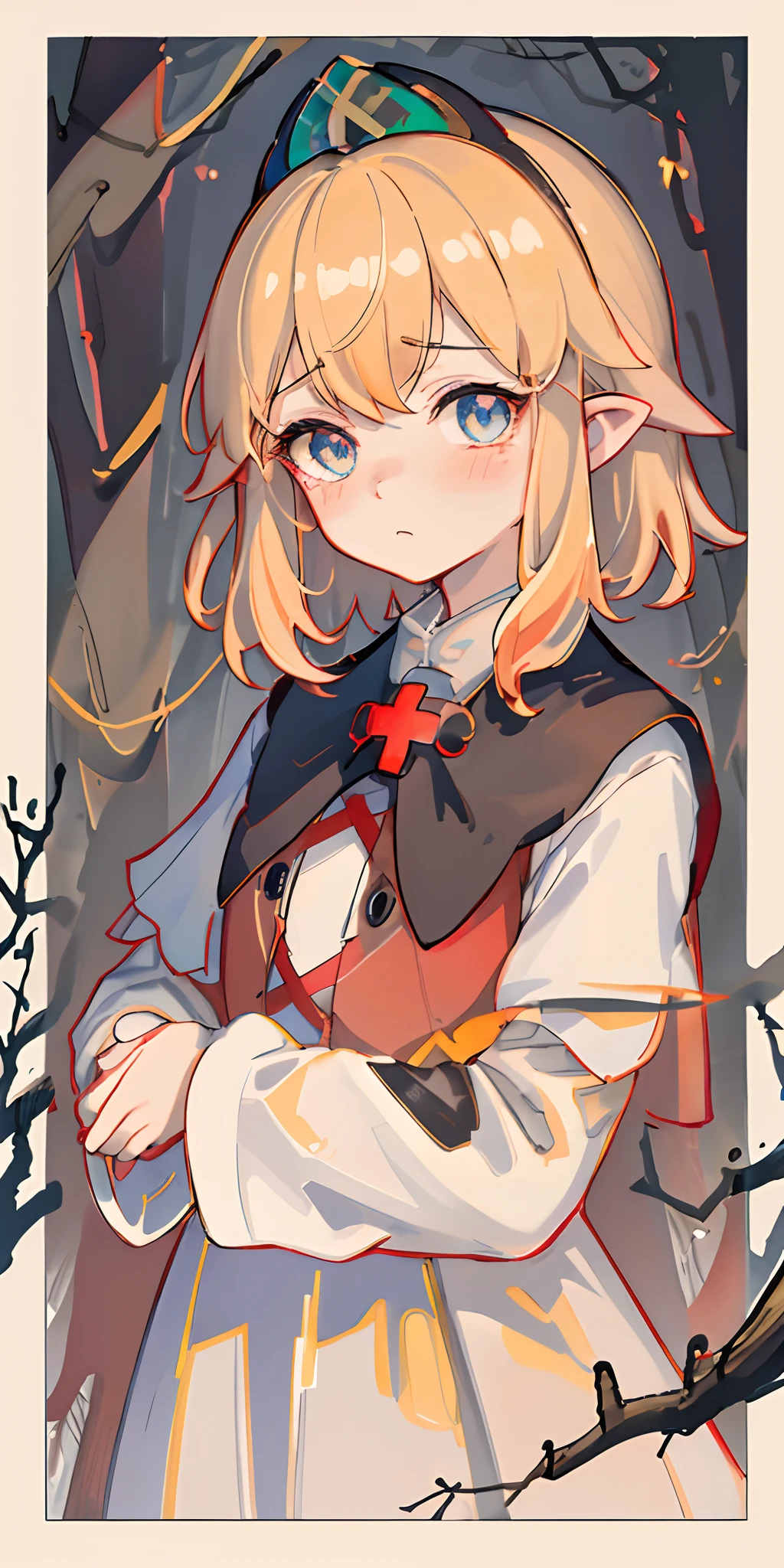 Very high quality, detailed, dark, forest, night dark, glow, 1girl, glowing,blonde, crown, loli, short hair, Upper body, middle of forest, detailed eyes, tear, blushed, dark forest, shadow, detailed face, very detailed eyes, glowing eyes, shadow in face, look at Camera, more colorfull, red cross uniform, red cross, uniform, white