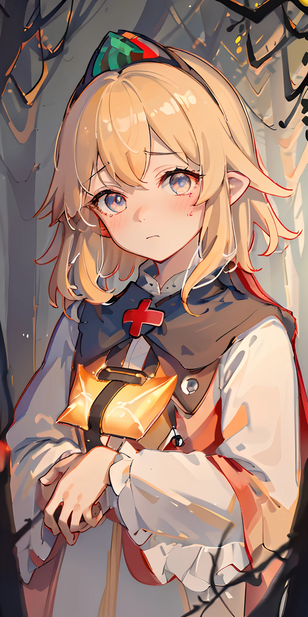 Very high quality, detailed, dark, forest, night dark, glow, 1girl, glowing,blonde, crown, loli, short hair, Upper body, middle of forest, detailed eyes, tear, blushed, dark forest, shadow, detailed face, very detailed eyes, glowing eyes, shadow in face, look at Camera, more colorfull, red cross uniform, red cross, uniform, white, red cross