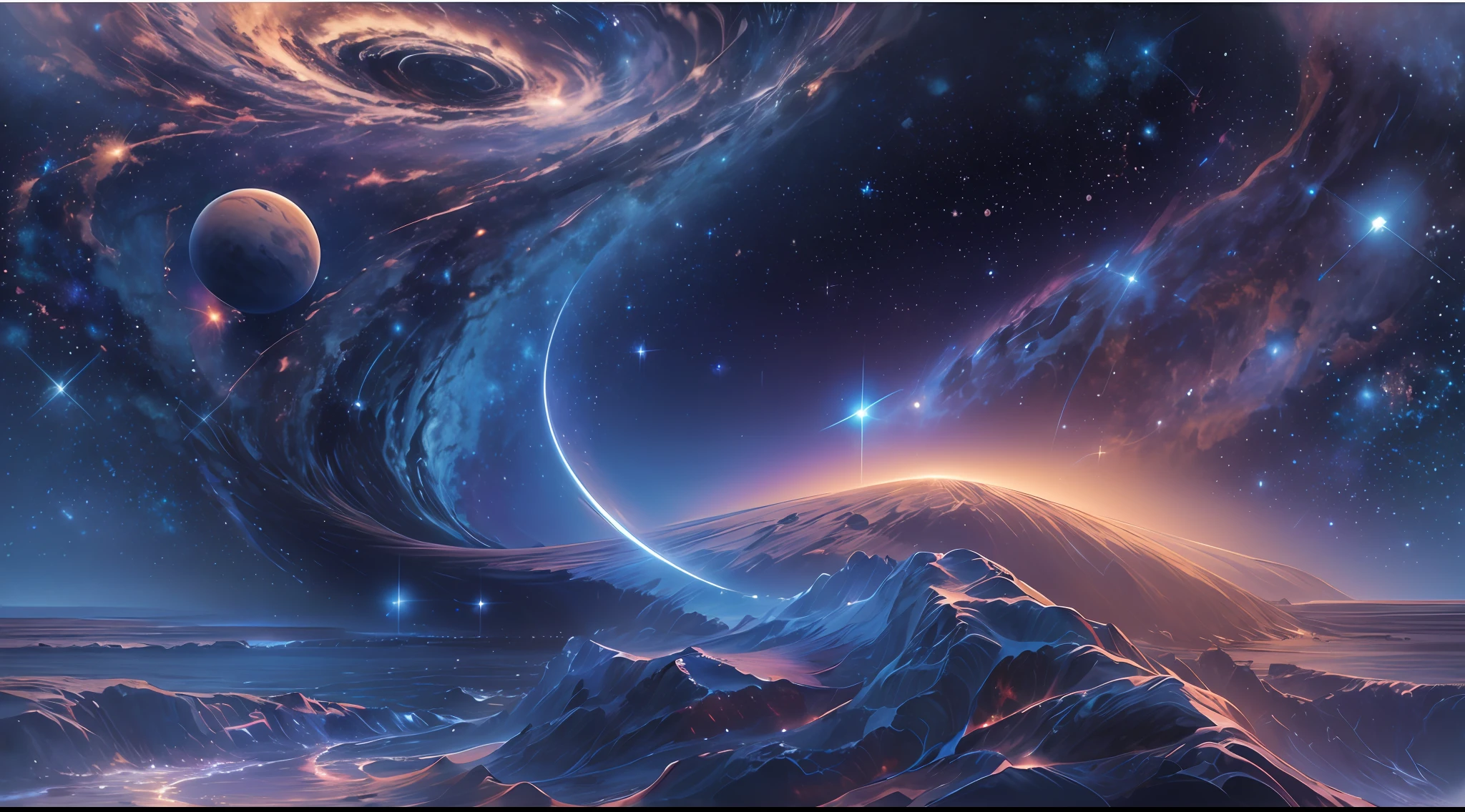 ((8K))，The bottomless blue sea，Starry sky with rivers and distant milky ways, galactic landscape, epic beautiful space scifi, cosmos sem fim no fundo, high detailed digital art, Space landscape