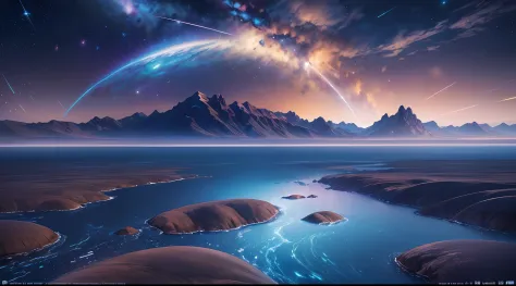 ((8k))，the bottomless blue sea，starry sky with rivers and distant milky ways, galactic landscape, epic beautiful space scifi, co...