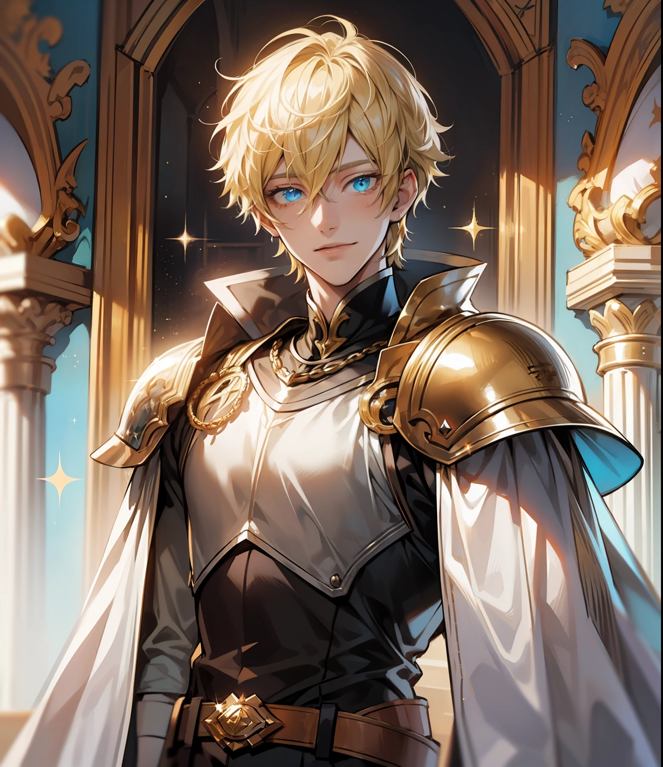 (tmasterpiece), portraite of a, 1boy, amazing quality, Detailed knight-prince, Age 16 years, (Sparkly light, hair light, blonde man), Cyan eyes, ssmile, inspiration, Breathtaking speech, upper-body, Princely clothes