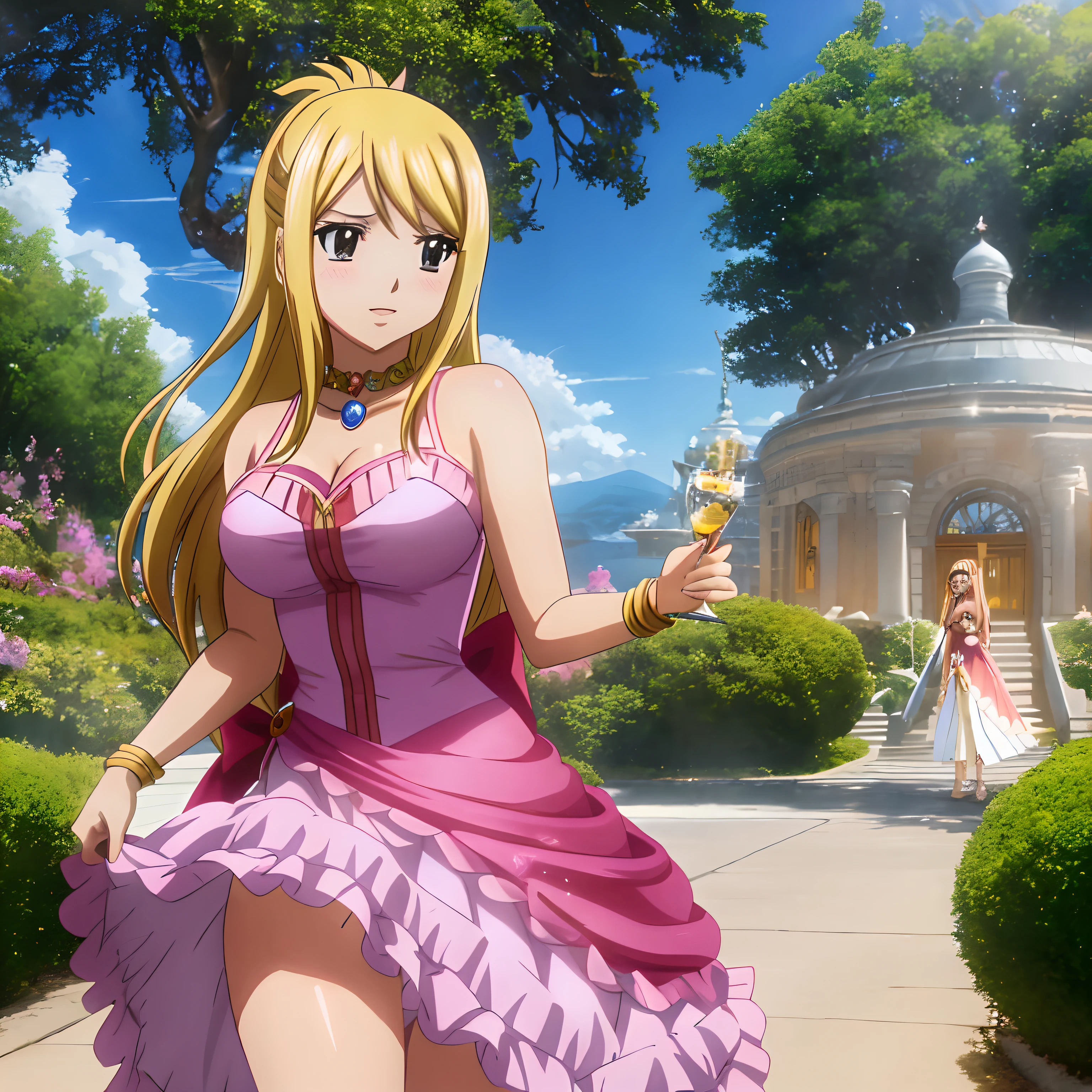 lucy heartfilia in Fairy Tail wearing a dress made of Heartshine in the style of Sakimimimichan, Gustave Courbet, Marco Turini, Artgerm, Makoto Shinkai and Lois van baarle, ArtStation, detailed,