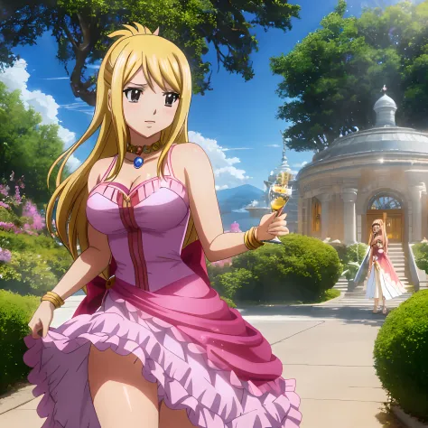 lucy heartfilia in Fairy Tail wearing a dress made of Heartshine in the style of Sakimimimichan, Gustave Courbet, Marco Turini, ...