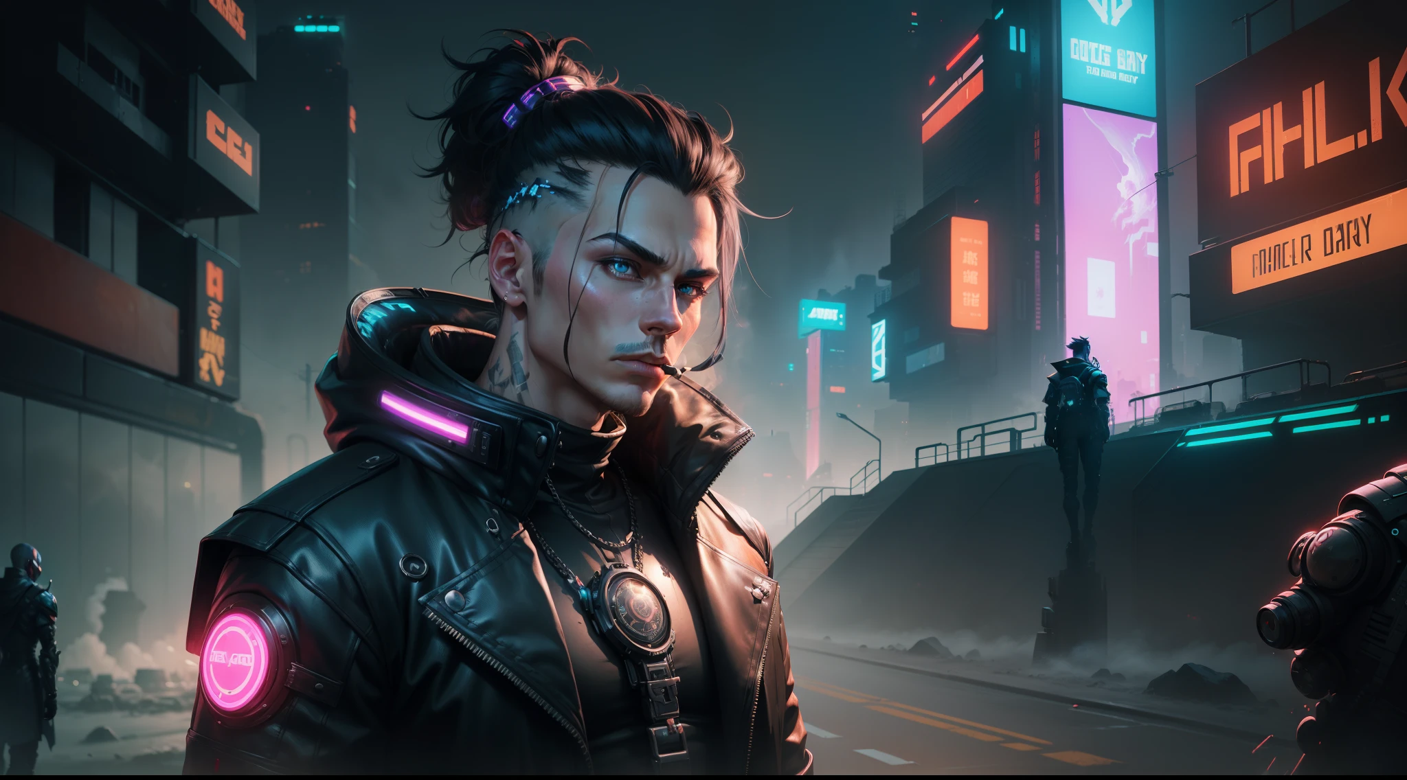 ((1 male is hard boiled)), cyber smoking, thick oil painting, rich