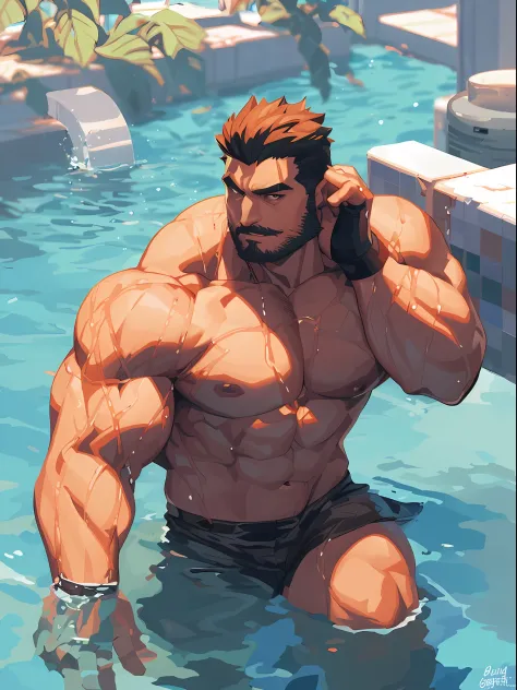 There is a man sitting in the water with a cell phone, Super Buff and Cool, Muscular character, big biceps, big muscle, Muscular!!, Gigachad muscular, Muscular character, Muscular!!!, big muscle, Muscular! The cyberpunk, Men's art, huge muscles, Muscular m...