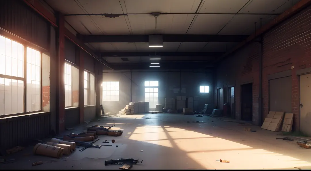 Background image of the game's main menu，abandoned warehouse，The warehouse was full of guns, Ammunition supply，You can see the windows，In the daytime，The sun shines inside the warehouse，The shelves were full of guns, Ammunition and supplies，Survivor base