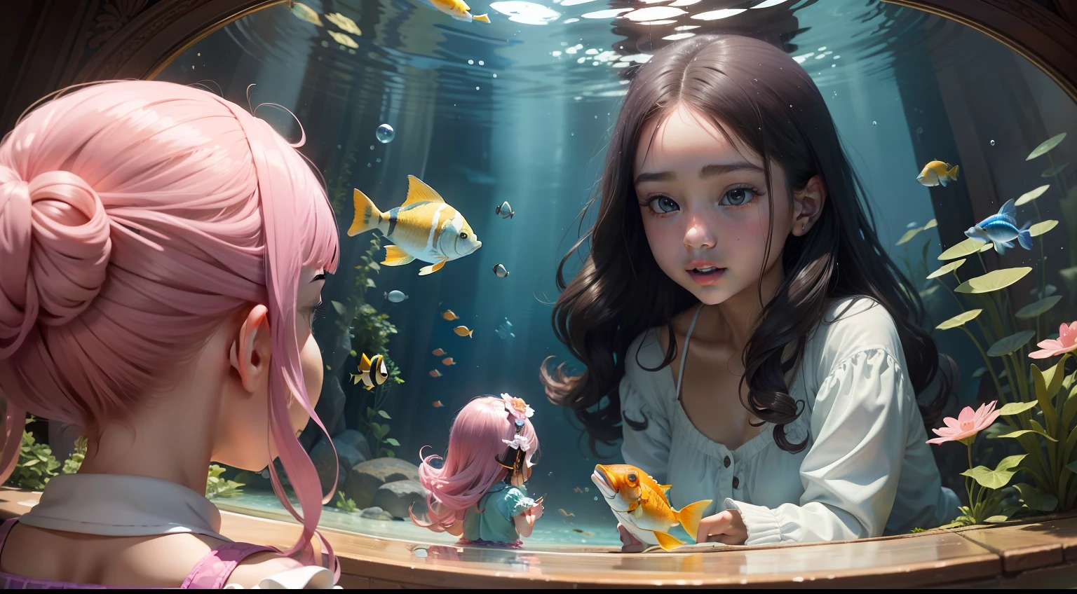 Anime girl looking at fish in a mirror with a pink hair - SeaArt AI