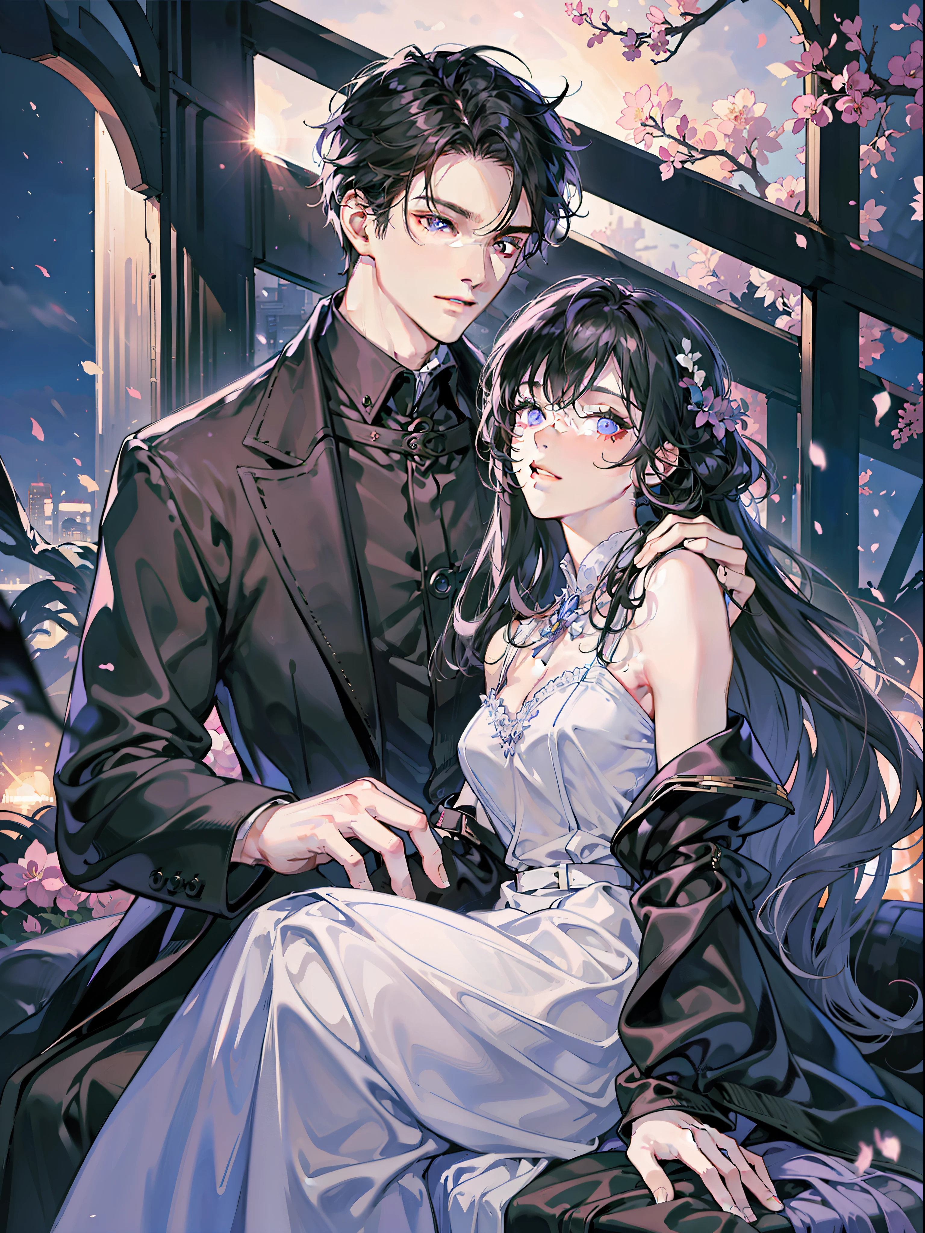 A high resolution，couple，Look at each other，Handsome men and beautiful women，Girls shawl long hair，Lilac dress，Short black hair for boys，black shirt，night scene，Urban men and women，optic，The atmosphere is exquisite，Clear facial features，Detail optimization，Hand optimization