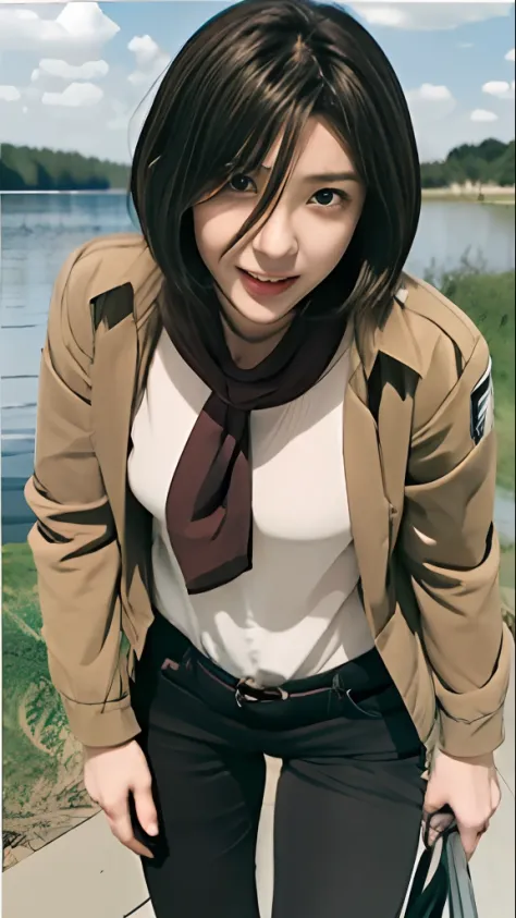 anime girl with brown hair and black pants standing in front of a lake, mikasa ackerman, from attack on titan, female protagonis...