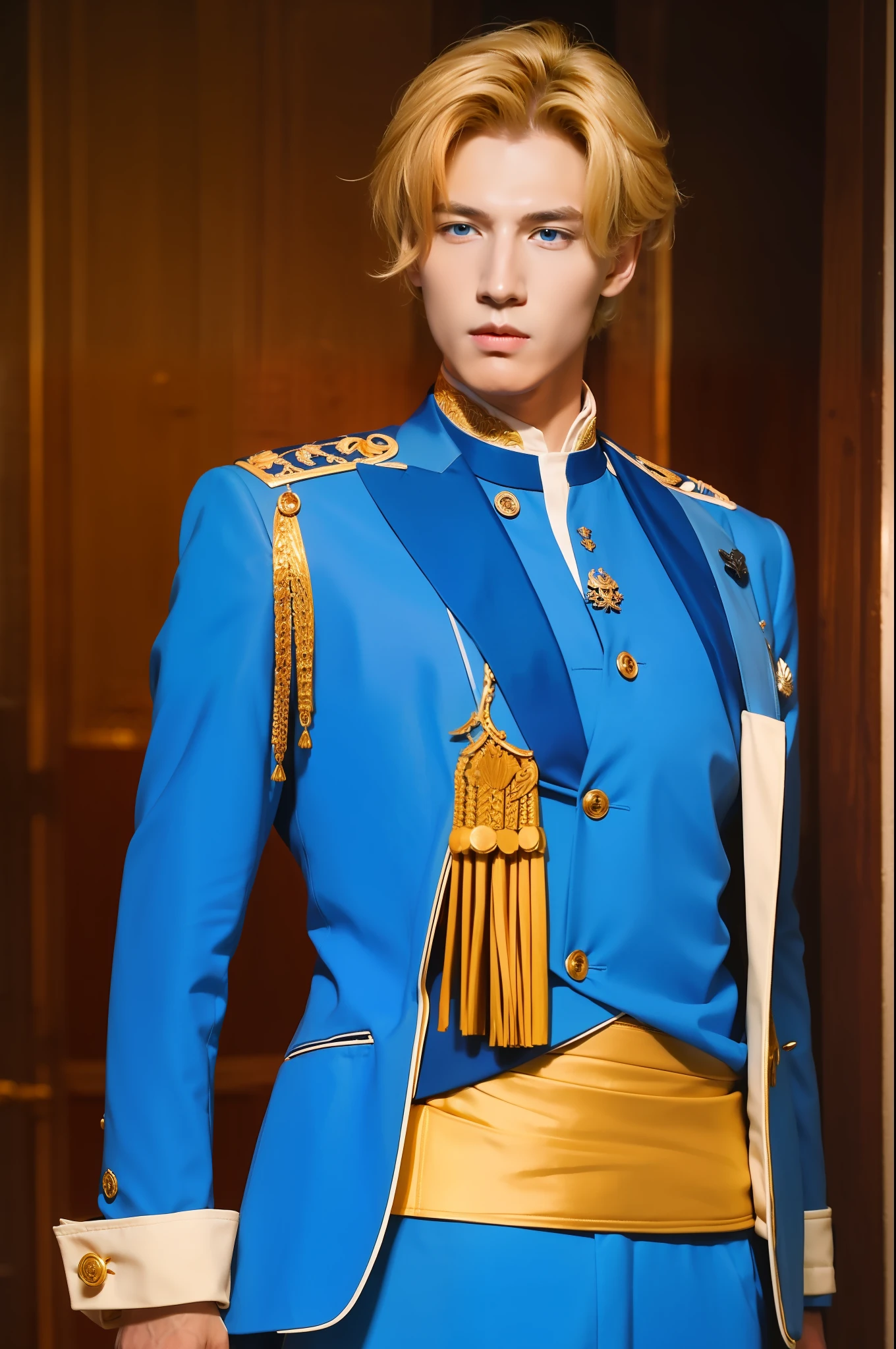 British gentleman officer，holding a pistol in hand，golden hair，blue eyes，Handsome，Face refinement，Wear royal attire，nobles，noble，condescending