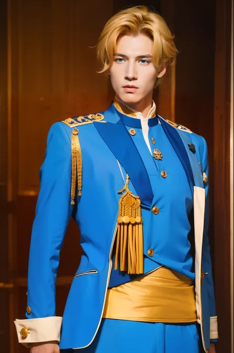 British gentleman officer，holding a pistol in hand，golden hair，blue eyes，Handsome，Face refinement，Wear royal attire，nobles，noble...