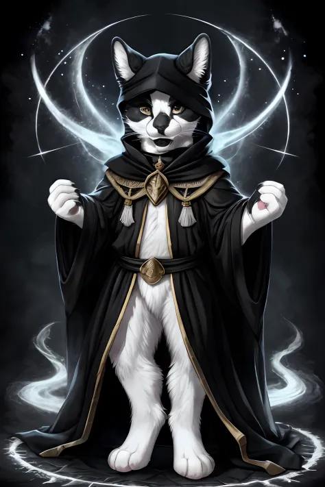 Leo, black and white cat, standing upright, cute paws for hands, high quality, high resolution, upper body shot, portrait, (black lower lip:1.1), wearing a wizards cloak, black robes, in a magical wizards workshop,