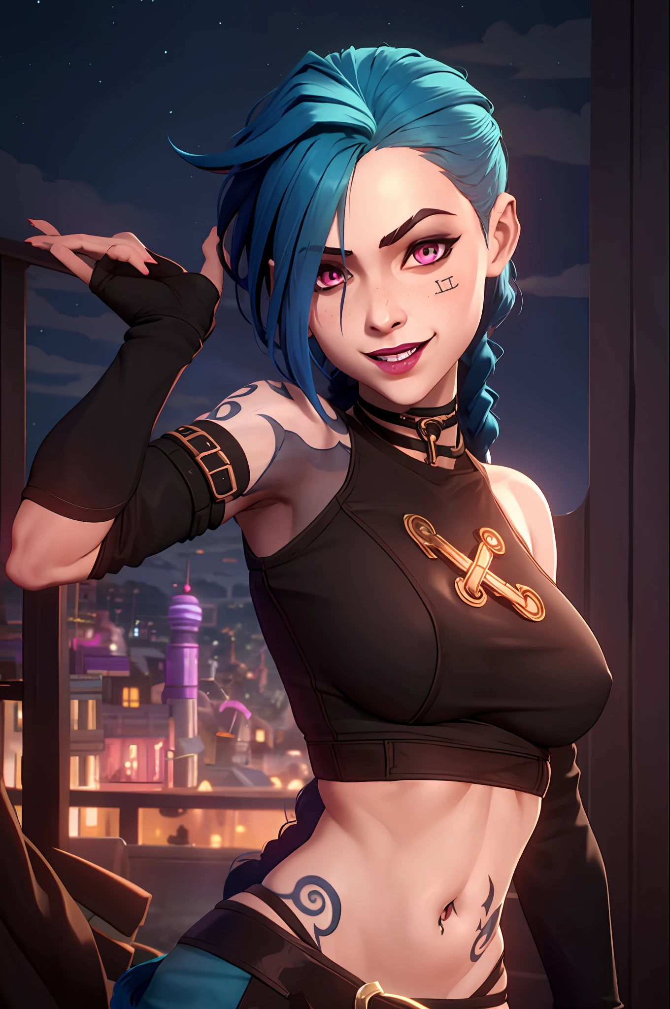 arcane style, 1girl, NSFW, arm tattoo, asymmetrical bangs, bangs, blue hair, braid, brown shirt, cloud tattoo, looking at viewer, seductive pose, smiling, night, city, green hair, long hair, midriff, pink eyes, red lips, shirt, solo, standing, tattoo, twin braids, upper body, arcane jinx, jinx \(league of legends\), tight clothes, seductive