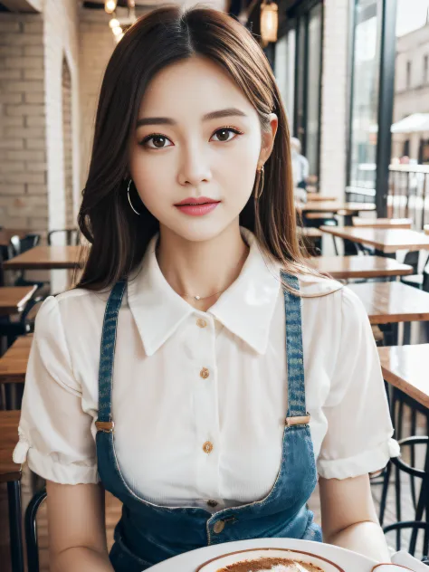 A 20-year-old stylish white-collar woman was standing in a café , eating pudding delicate makeup , beautiful detailed girl, very...