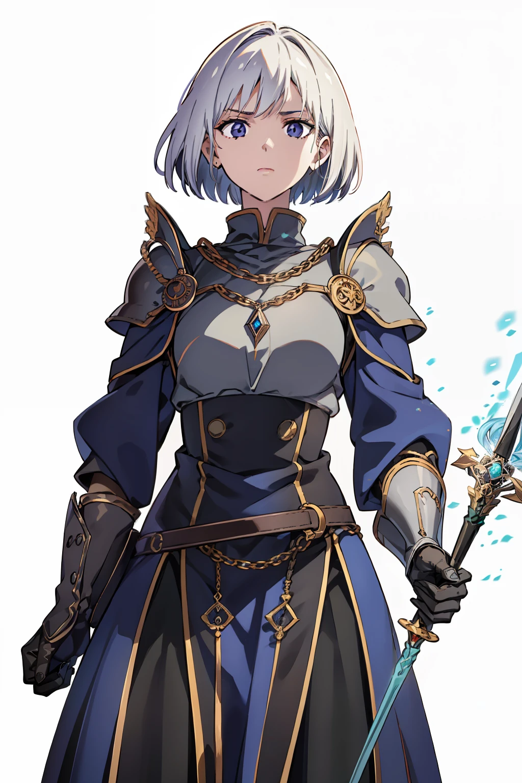 one female, 16 yrs old, Short White Hair, circunstanciado, Black eye, emotionless face, wearing a shoulder pad, A Wizard&#39;s Dress, holding a mage's staff in his hand, front camera, White background