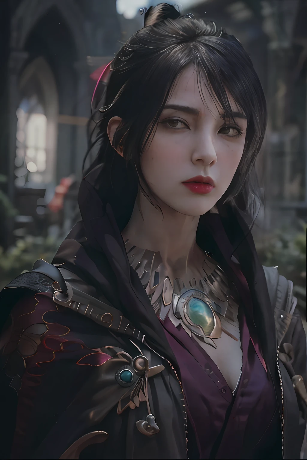 masterpiece, highest quality, RAW, analog style, A stunning portrait of a beautiful woman, morrigan, breast, wearing a mage robe, ((highly detailed skin, skin details)), sharp focus, 8k UHD, DSLR, high quality, film grain, Fujifilm XT3, polaroid, frowning, intricately details, highly detailed, cluttered and detailed background