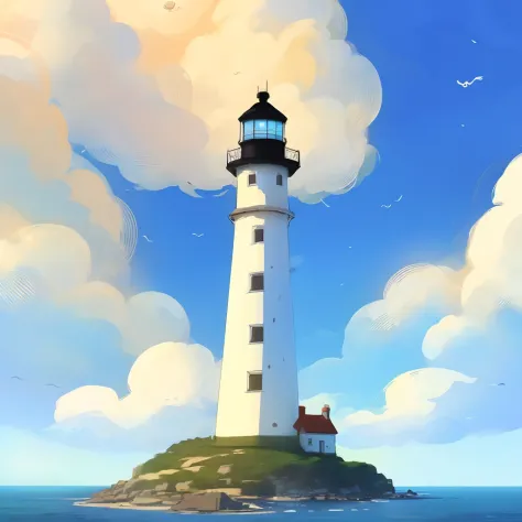 beautiful cute cozy little lighthouse by the sea, puffy clouds, style of hayao miyazaki, digital art trending on artstation, by samdoesarts
