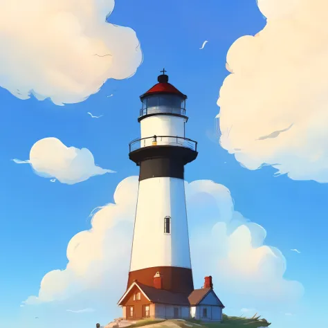 beautiful cute cozy little lighthouse by the sea, puffy clouds, style of hayao miyazaki, digital art trending on artstation, by samdoesarts