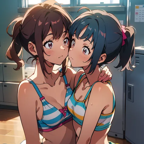 (Best Picture Illustration: 1.2), (Pretty Girl: 1.1), (1 Girl, Solo: 1), (2 Girls, 8 Years Old, Loli, Kids, Small, Cute, Cute, Cute, Small, Super Detailed Eyes: 1.2), (Yuri, Kiss, Hug from Back, Grab, Eyes Half Closed, Eye Contact: 1.3), (Sweat, Hug, Blush...
