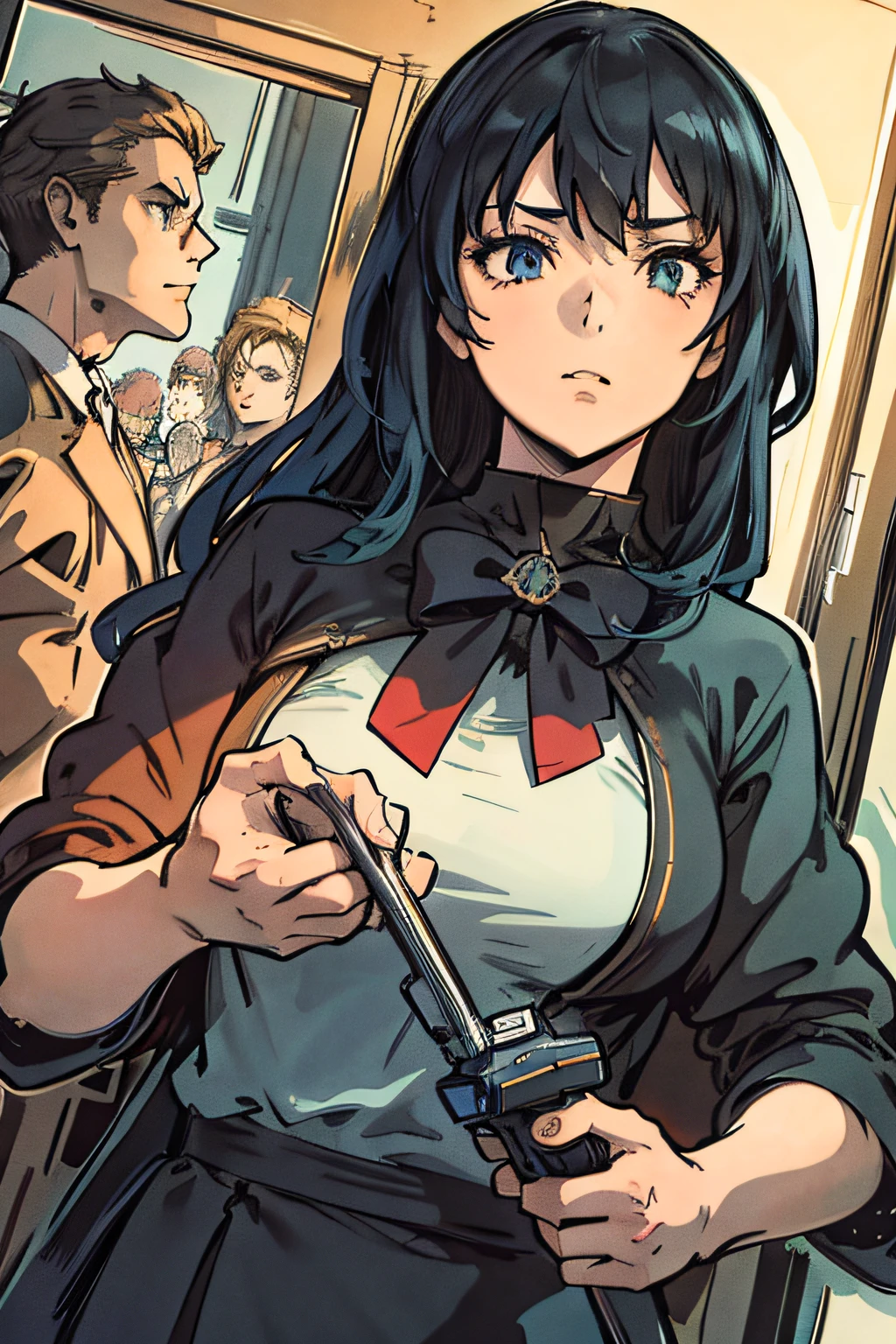 Anime – style illustration of woman with gun in crowded place, cushart krenz key art feminine, Detailed key anime art, anya from spy x family, jc leyendecker and sachin teng, Official art, cushart krenz, official artwork, Makoto Shinkai and ArtGerm, marin kitagawa fanart