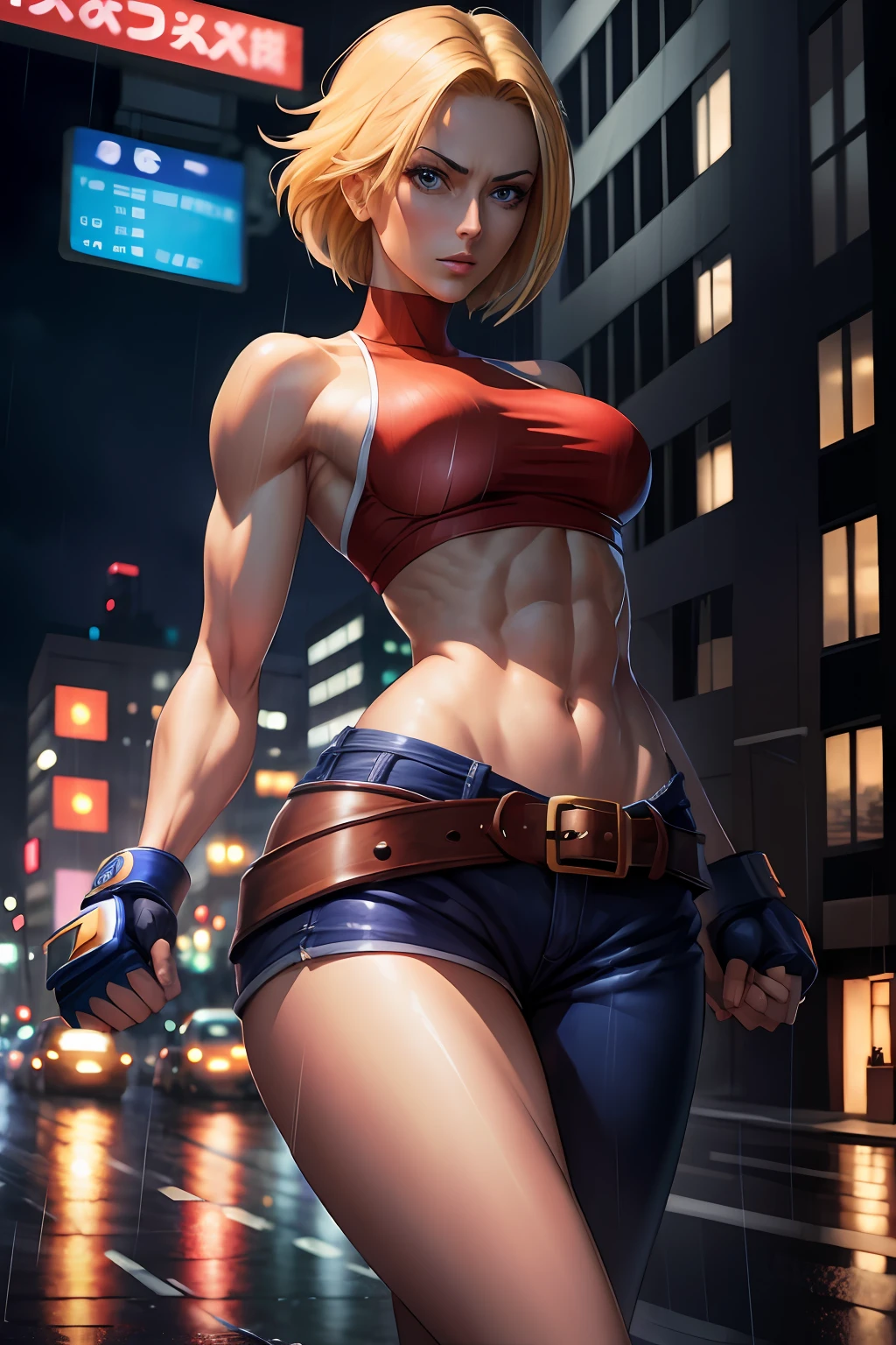 maryms,Best Quality,(beauty),masterpiece,  1girl,phisically-based render ,ultra highres,narrow waist, skinny,big eyes,long legs,(small breasts),puffy eyes, night,(rainy city), shiny skin, facing viewer, fighting stance, (make a fist),firm expression,