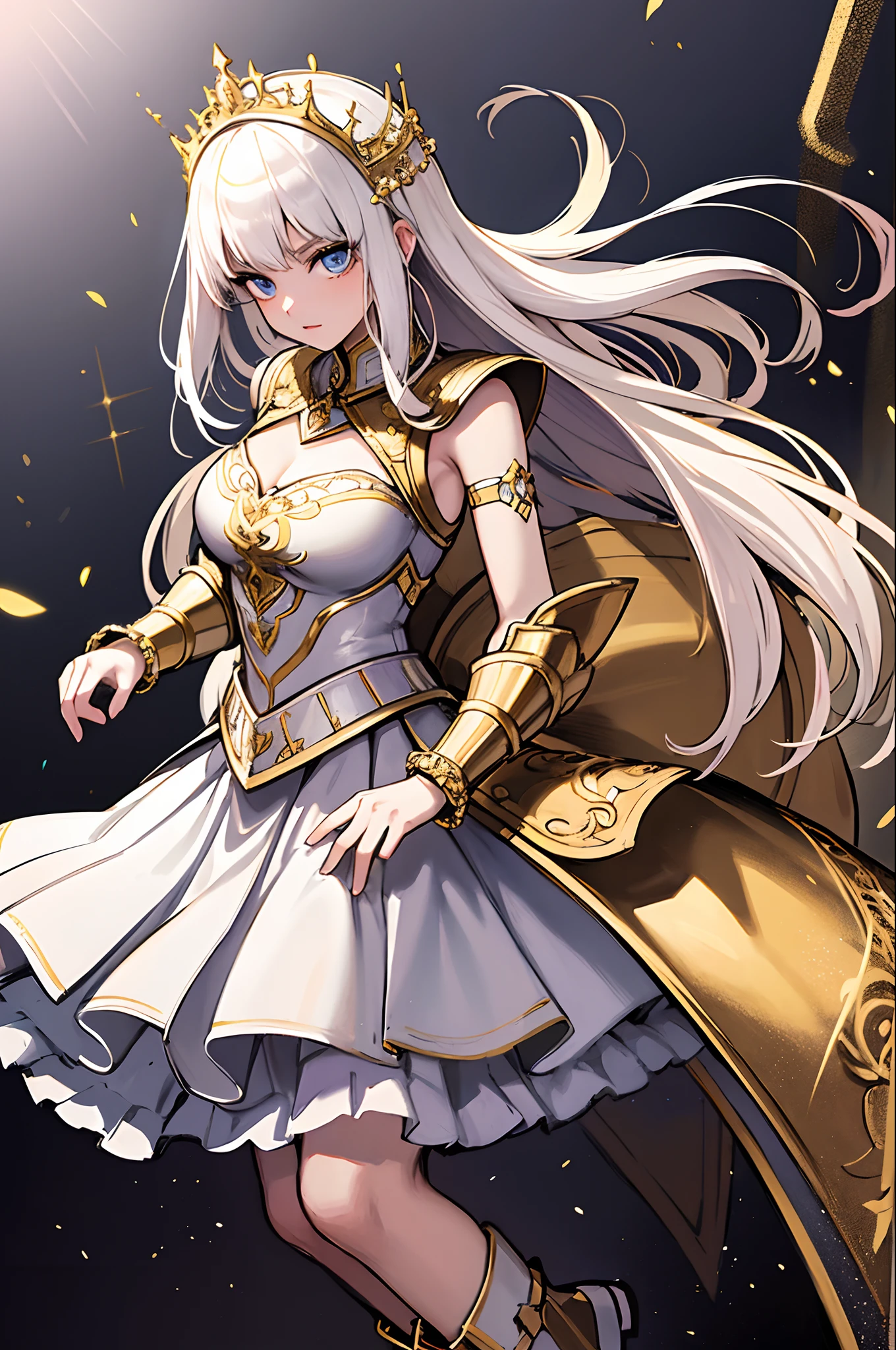 (style-princess:0.9), beautiful girl, 1girl, ((armor)) armor princess, (rich white and gold), ((palace)), slim, (bracelets) masterpiece, high contrast, hyper detailed, best quality, ultra high res, high resolution, detailed,