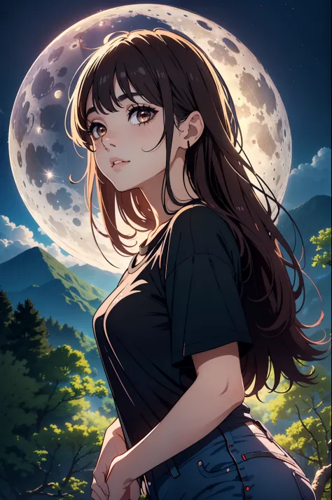 One girl, happy, moon, 24-years, lantern, night, ground, Wide black t-shirt with black chain, jeans, Slightly chubby, nose is sm...