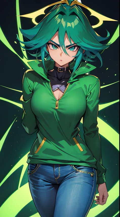 uma imagem de uma mulher de anime em uma jaqueta verde e jeans , Estilo Yugioh, Yugioh Estilo de Arte, Arte Yugioh, yu - no, Yug...