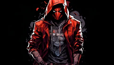 a close up of a person wearing a hoodie and a jacket, red hoods, red hood cosplay, the red ninja, an edgy teen assassin, epic co...
