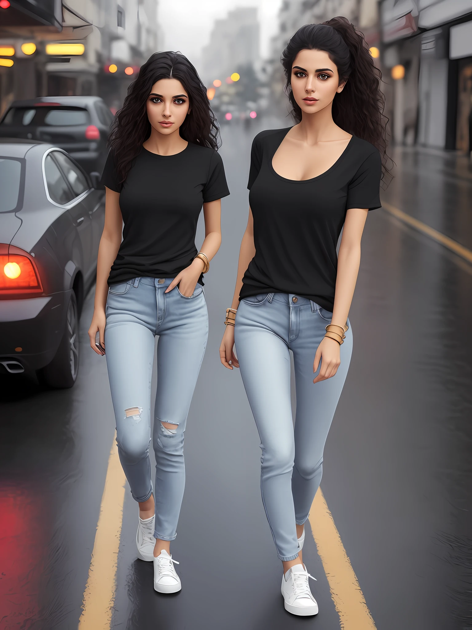 Two women in black shirts and jeans walking down the street - SeaArt AI