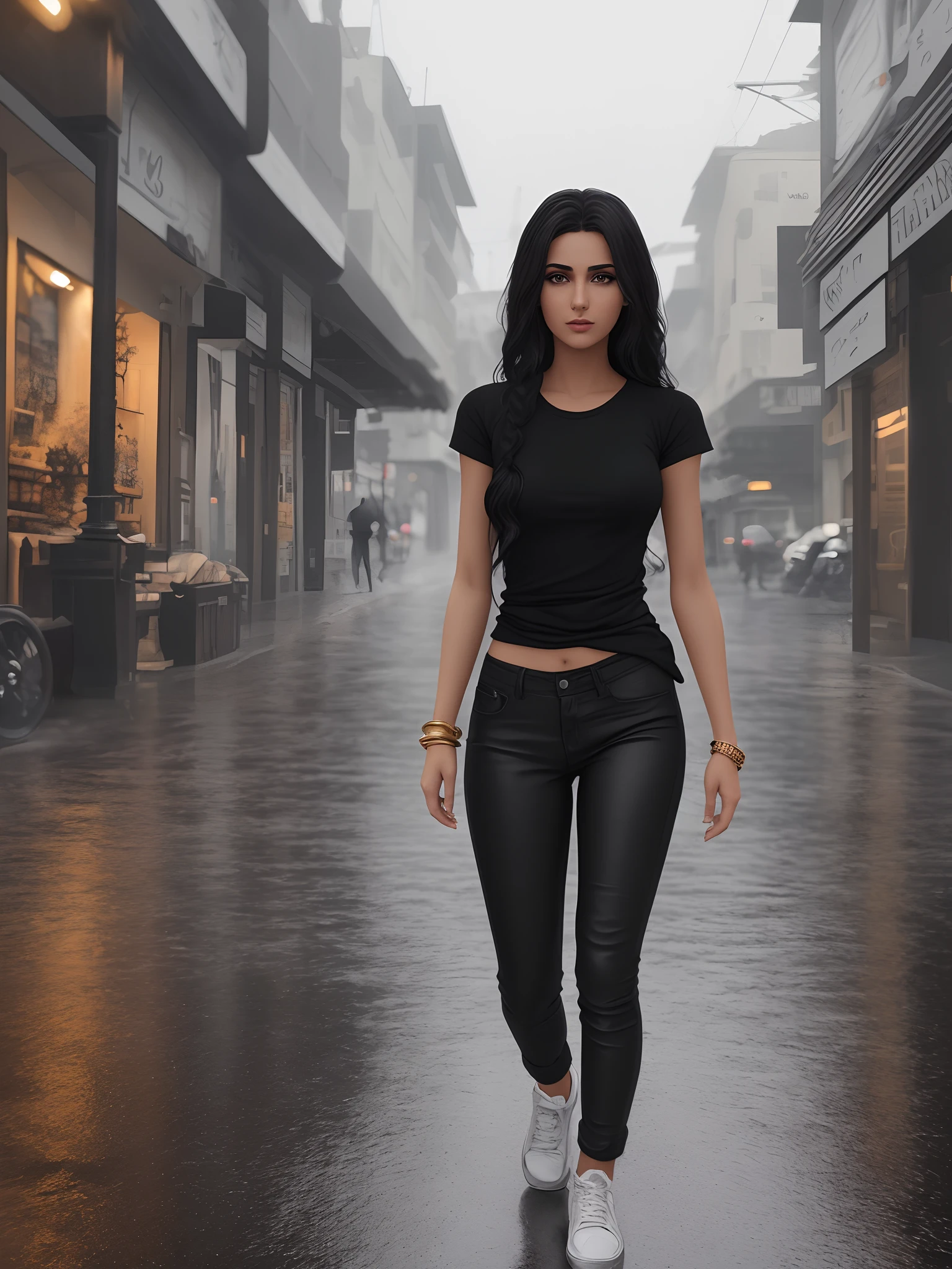 alluring stunning gorgeous posing european homeless sexy Arabian Ladies, tight  jeans with rounded mack lose baggy black tee-shirt, regular fit black crew  neck Tee-shirt, white plain Tee-shirt, intricate environment - SeaArt AI