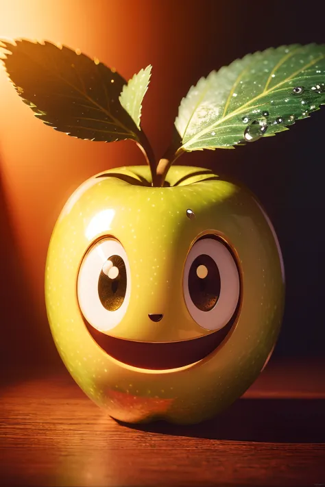 ((masterpiece:1.3,concept art,best quality)),very cute appealing anthropomorphic apple,looking at the viewer,big grin,happy,frui...