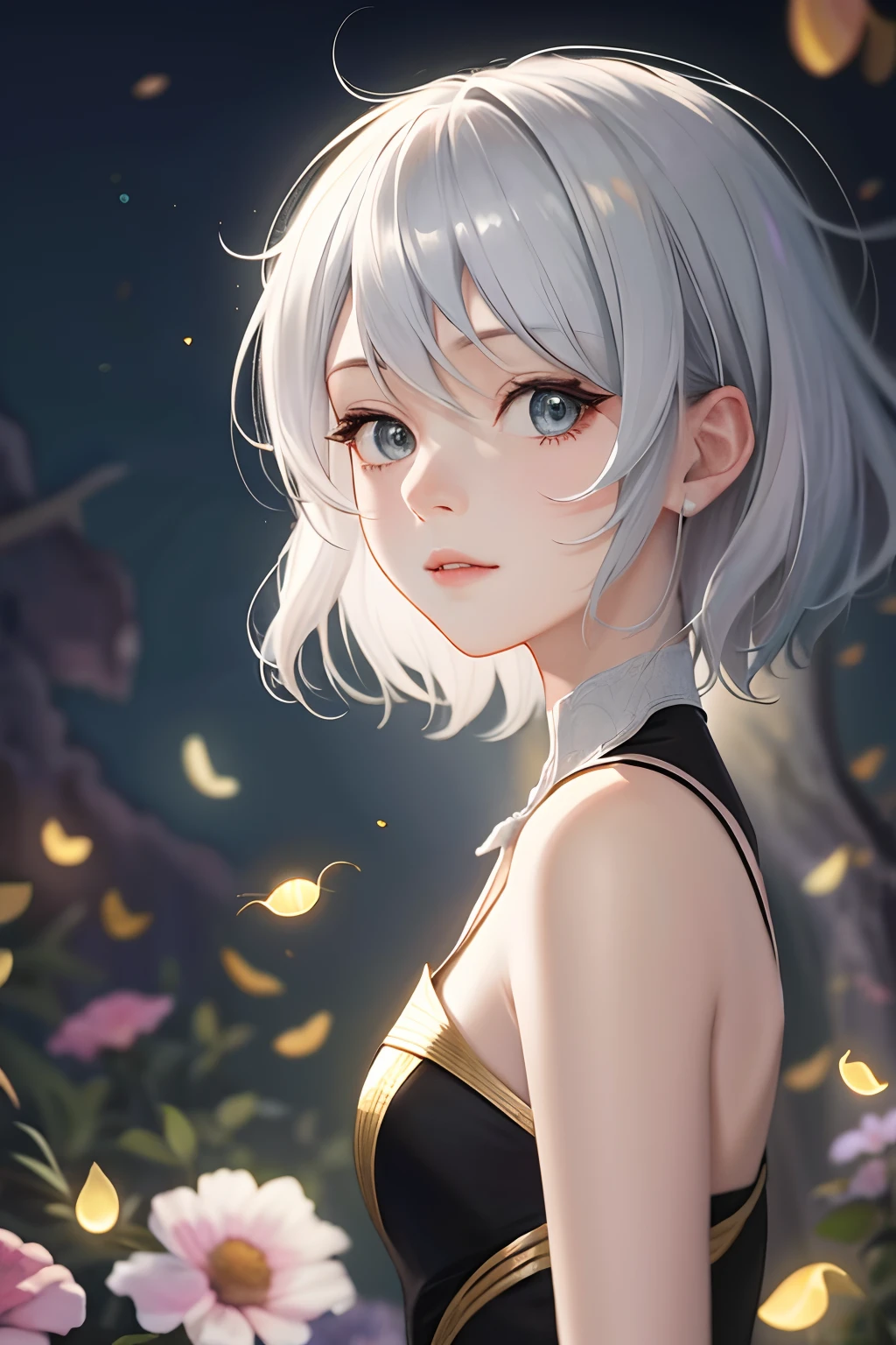 (highres, best quality:1.2), radiance, soft contours, beautiful drawing, concept art, detailed background, bright colors,
Silver hair, summer, fireflies,