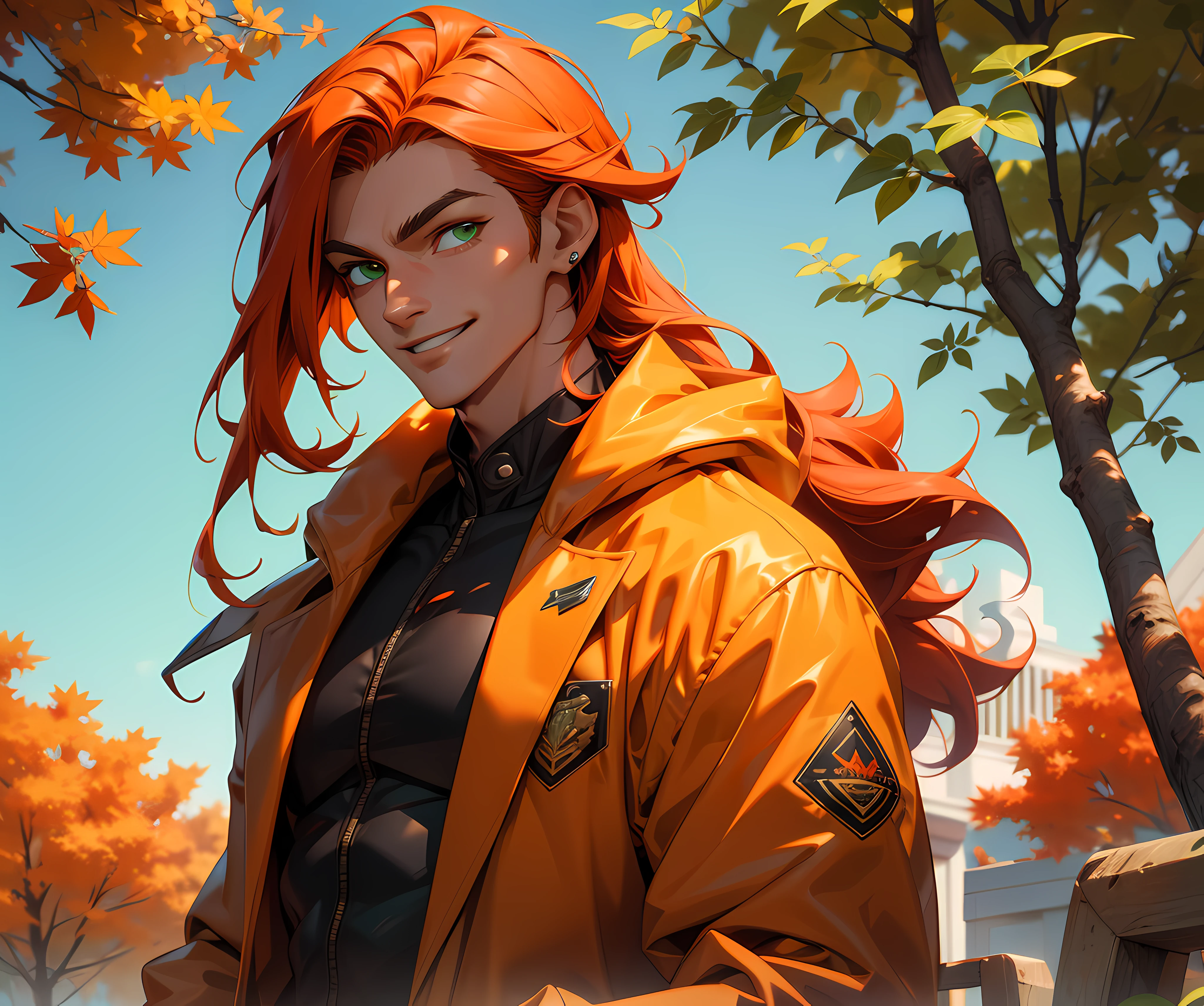 (absurdres, highres, ultra detailed), 1 male, adult, handsome, tall, long orange hair, finely detailed green eyes and detailed face, black suit, red coat, smile, outdoor, autumn, sunlight, ray tracing, 8k resolution