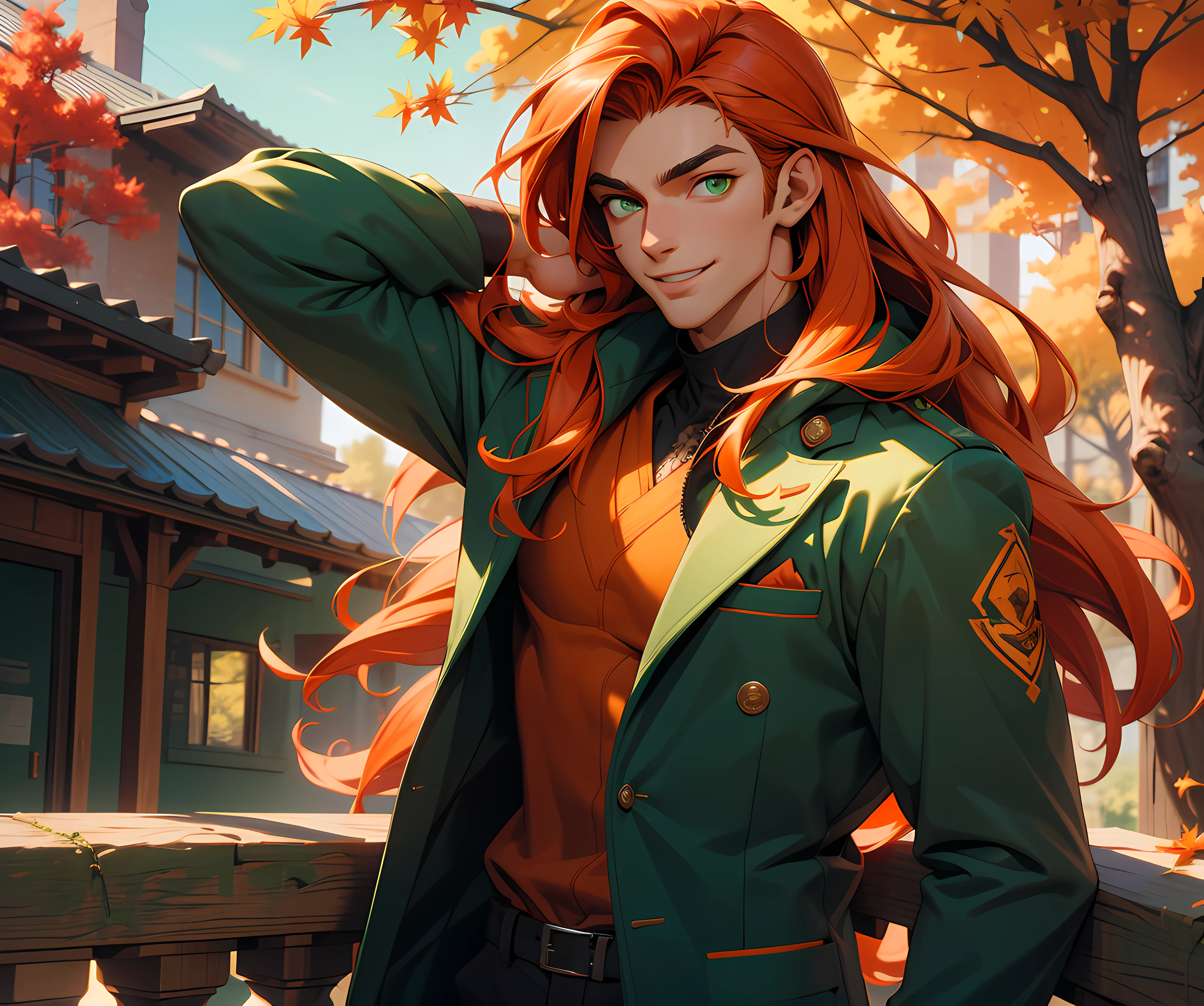 (absurdres, highres, ultra detailed), 1 male, adult, handsome, tall, long orange hair, finely detailed green eyes and detailed face, black suit, red coat, smile, outdoor, autumn, sunlight, ray tracing, 8k resolution