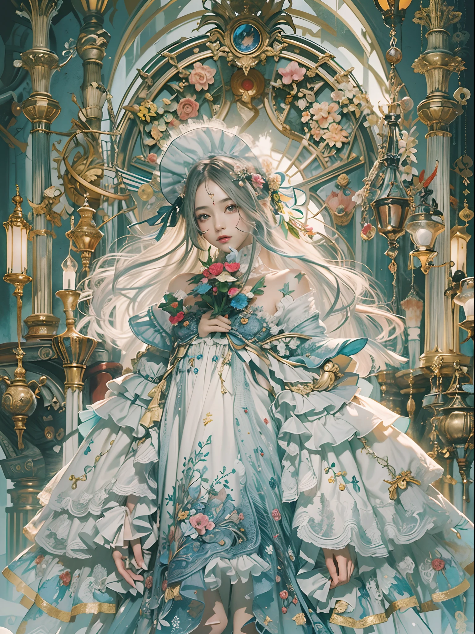 (​masterpiece、top-quality、top-quality、Detailed and complex、Official art、Beautifully Aesthetic:1.3)、(1girl in:1.3)、(Fractal Art:1.3)、colourfull、Vivid、Victorian costume