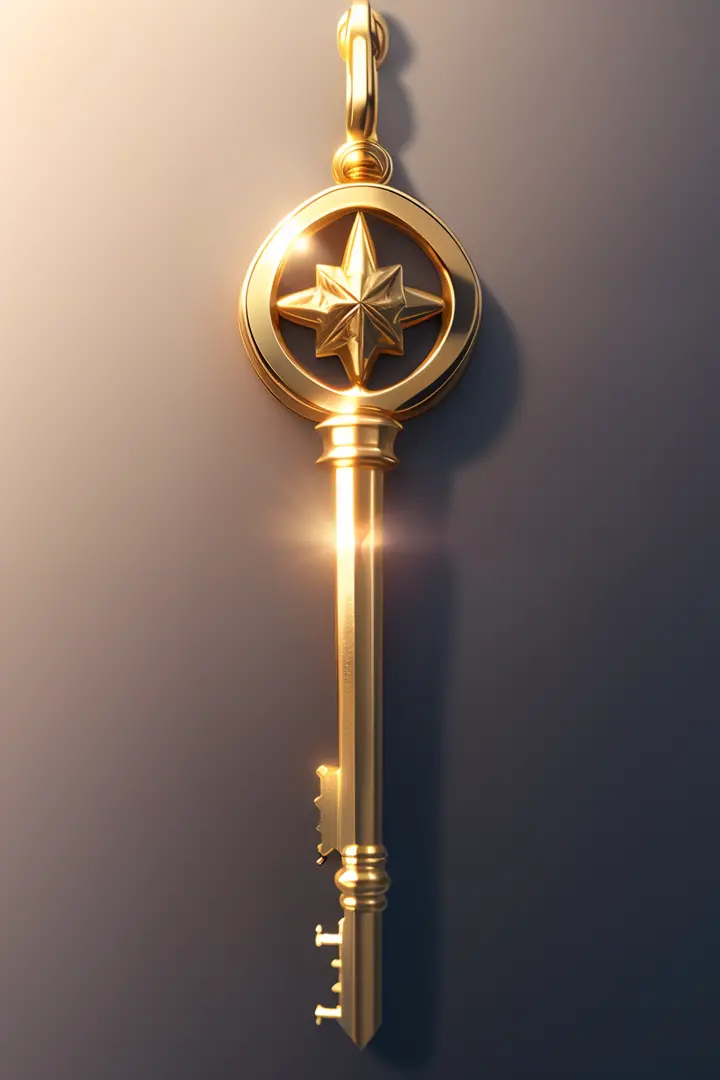 There is a golden key hanging from a gold chain, Chave de ouro, key is on the center, key is on the center of image, renderizado em keyshot, A chave da vida, key lighting, chave de metal para as portas, luz da chave, parede, chave de anime, key capture ren...