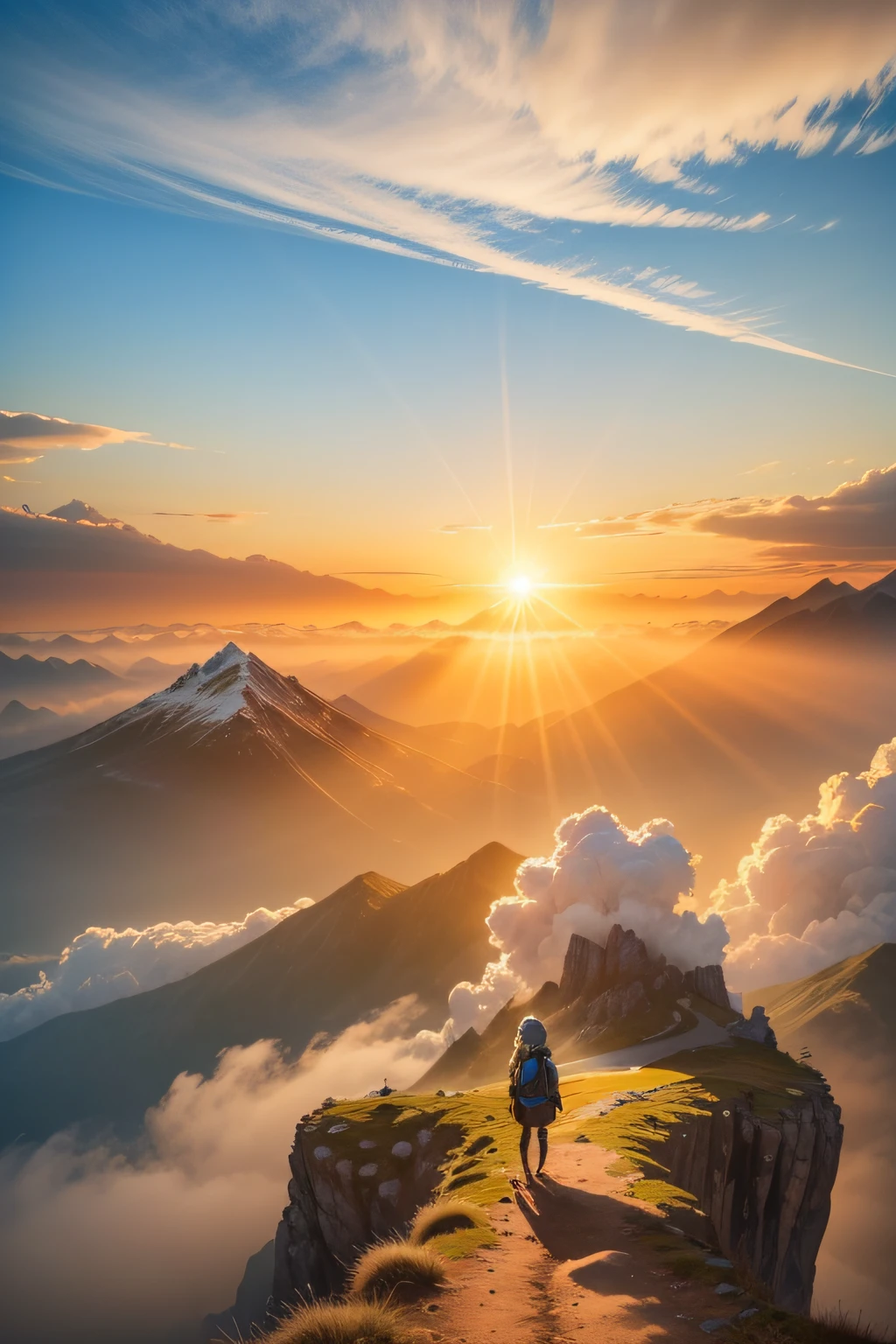 Uma vista do topo da montanha ao pôr do sol, onde há brotos de outras montanhas que também são visíveis, há uma névoa de nuvens abaixo do topo da montanha, os raios de sol do fim do horizonte parecem muito bonitos, dourados, a gradação de cores entre o céu azul e o sol dourado é muito bonita de se ver, QUEBRAR, (há uma garota com uma mochila olhando para o sol,  Ele parece menor no topo de sua própria montanha, seus cabelos esvoaçando ao vento)