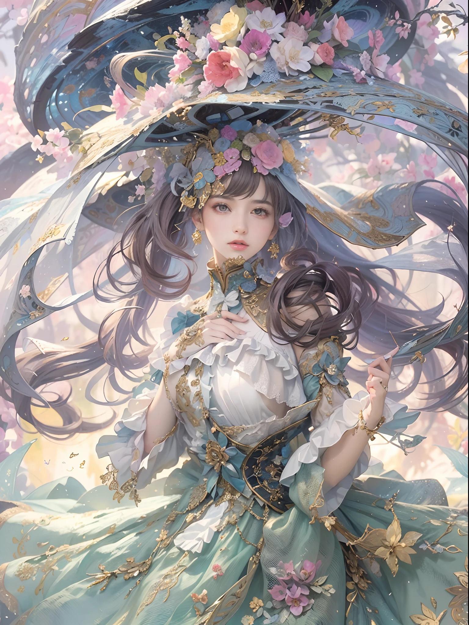 (​masterpiece、top-quality、top-quality、Detailed and complex、Official art、Beautifully Aesthetic:1.3)、(1girl in:1.3)、(Fractal Art:1.3)、colourfull、Vivid、Victorian costume