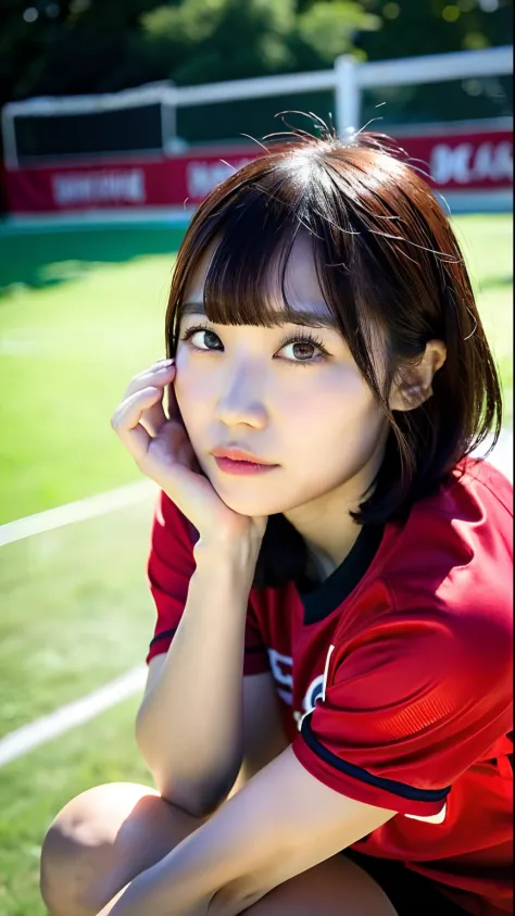 (top-quality、8K、32K、​masterpiece、nffsw:1.2)、Photo of a cute Japanese woman、Black short hair、beauitful face、(Slouched:1.3)、Playing volleyball、(From  above:1.2)、(a closeup:1.4)、Red Volleyball Uniform、G-cup big breasts、(beautiful nipple slips:0.9)、Volleyball ...