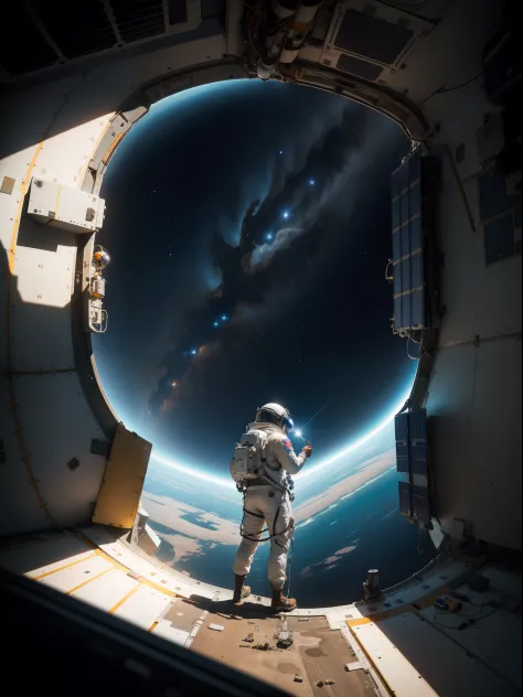 Imagine an astronaut outside the space station during a spacewalk, skillfully repairing a solar panel with tools in hand. Depict the breathtaking view of Earth below and the astronaut's determined expression as they work against the backdrop of the cosmos....