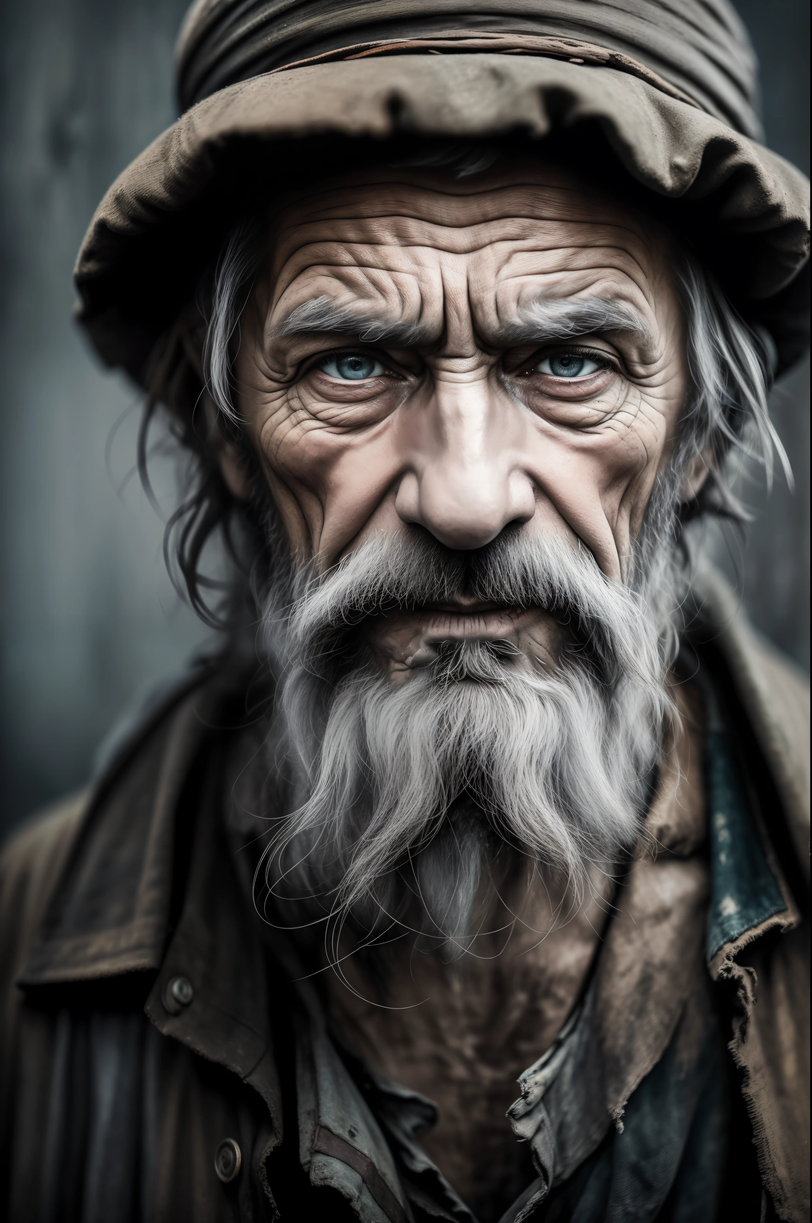 A portrait of poor russian 1800 old worker in rags, ((overwhelming fatigue )), wrinkles of age, concept art, oil pastel painting , moody gray colors , gritty, messy stylestyle of Alexey Savrasov, Ivan Shishkin, Ilya Repin, (cel shaded:1.2), 2d, (oil painting:1.2) highly detailed