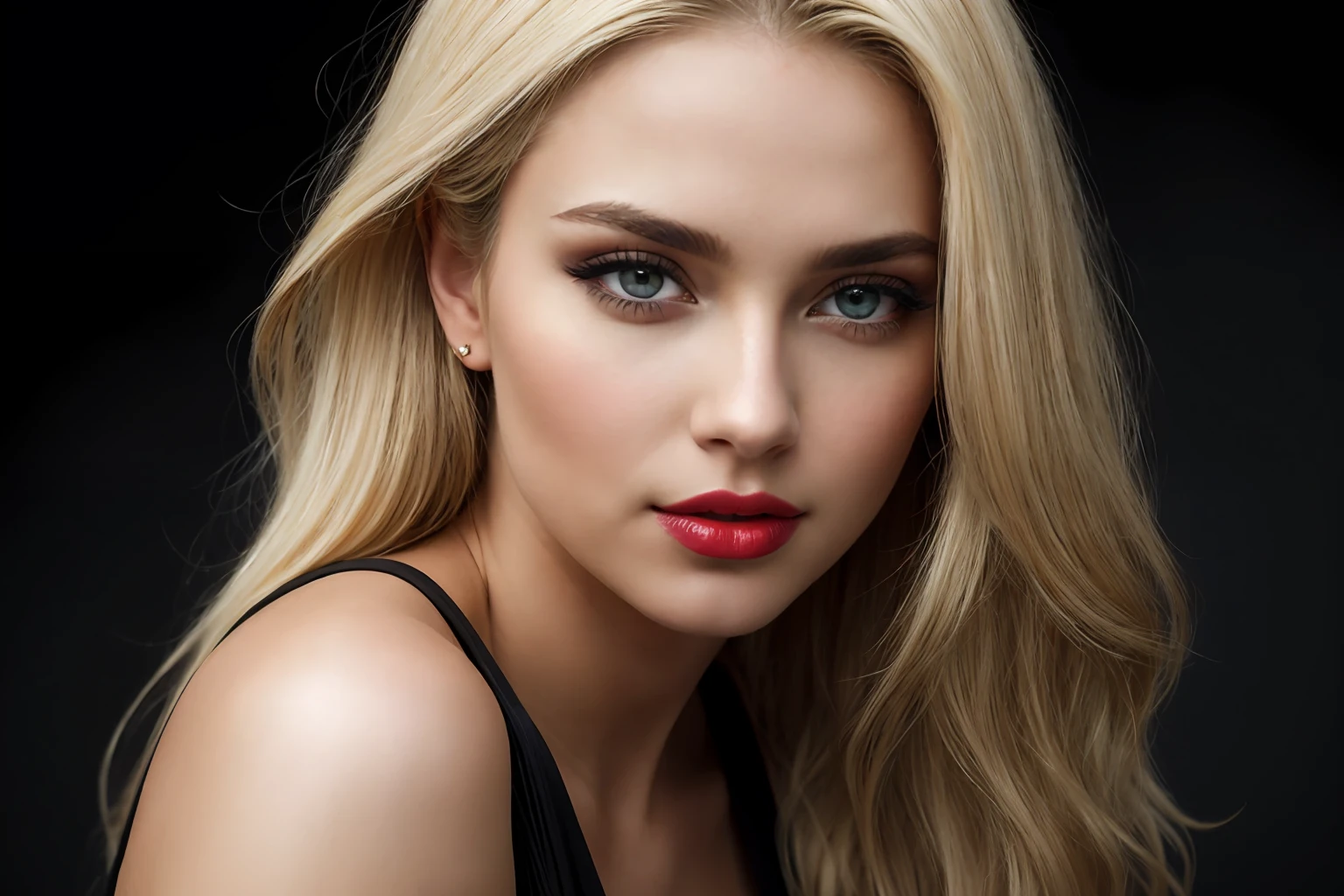 HelgaGrey,full body woman, (to8contrast style), (Close-up portrait), bold lips, 8k RAW photo, highest quality, detailed hazel-blue eyes, eye reflection, winged eyeliner, (looking at the viewer:1.3), best shadow, intricate details, interior, vibrant wavy Long hair layers with a side part, (blonde hair:1.3), muted colors, high contrast style, glam shot, smoldering, (sultry:1.1), dof, bokeh, intense, languid, tempting, sensual, seductive, longing, yearning, smitten, dark photography studio, minimal lighting, deep shadows, stark contrasts, dramatic highlights, (black backdrop:1.2), dimples, fullness, plumpness, natural pout, lusciousness, red lips, bold color, alluring, captivating, striking, unforgettable, stunning, breath-taking, timeless beauty. (bare shoulders:1.2), headshot