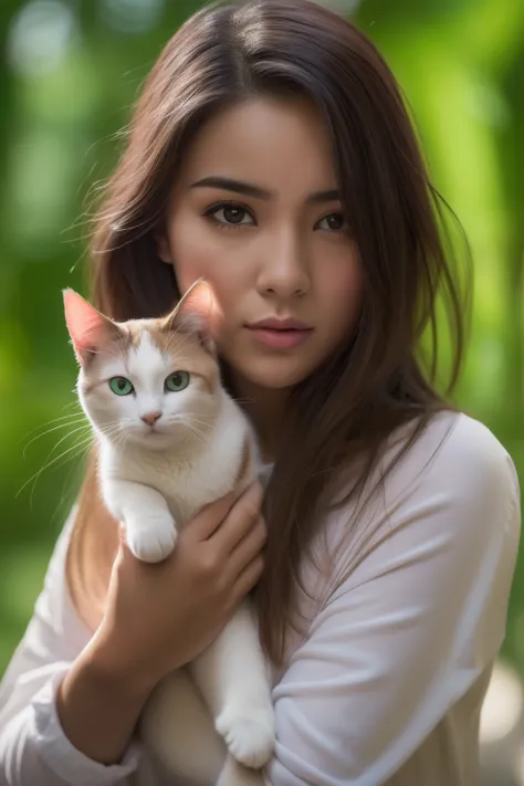 joven japonesa con vestido blanco sosteniendo un gato en sus brazos, mujer y gato, mujer / cat hybrid, hermosa joven catgirl, at...