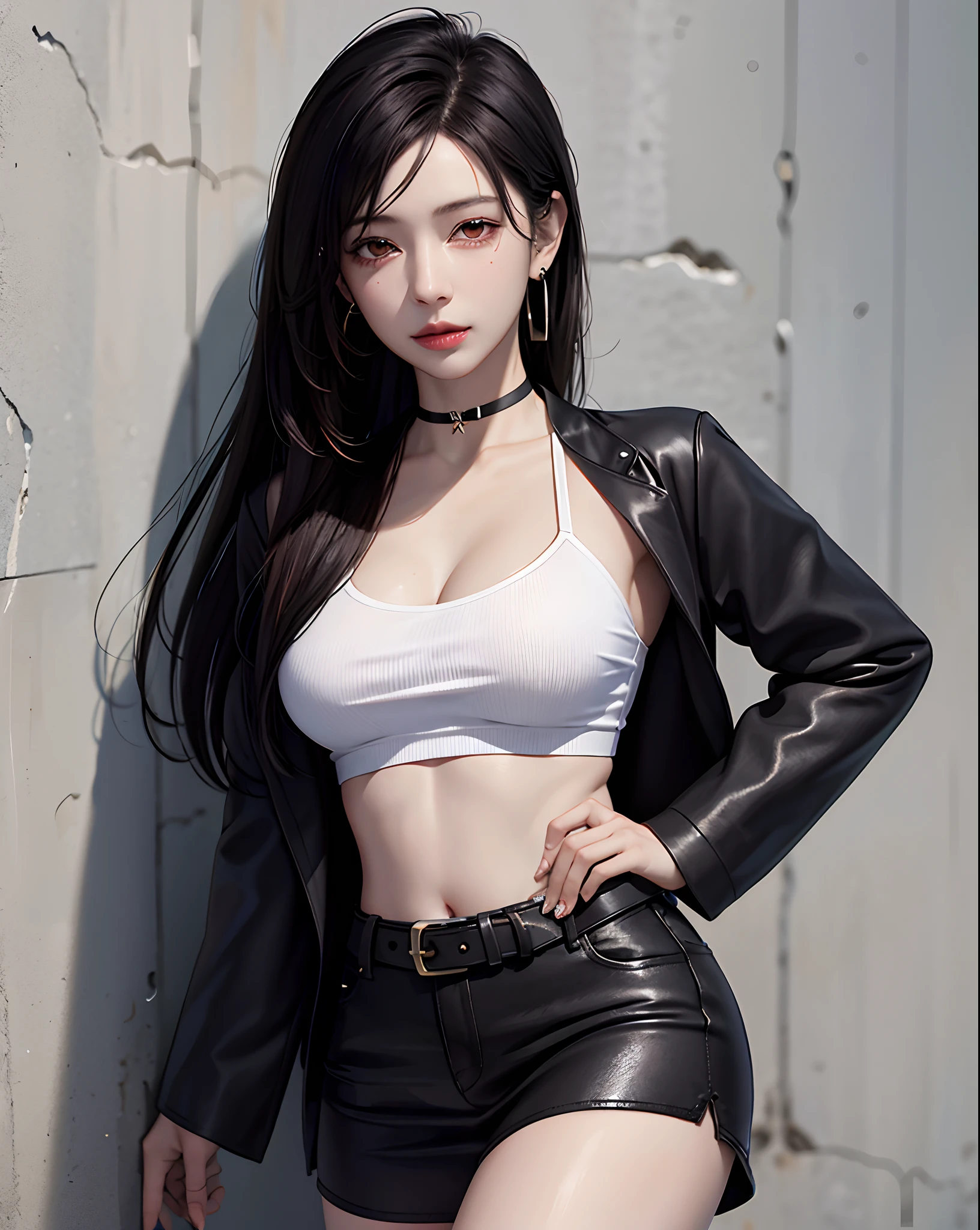 (masterpiece, best quality, 1girl, solo, intricate details, chromatic aberration), realistic,Tifa Lockhart, ((medium breath)),long hair, black hair, hair over one eye,red eyes, earrings, sharp eyes, choker, open jacket, crop top,open waist,(perfect symmetrical body),against wall, brick wall, graffiti, dim lighting, alley ,look at viewer,