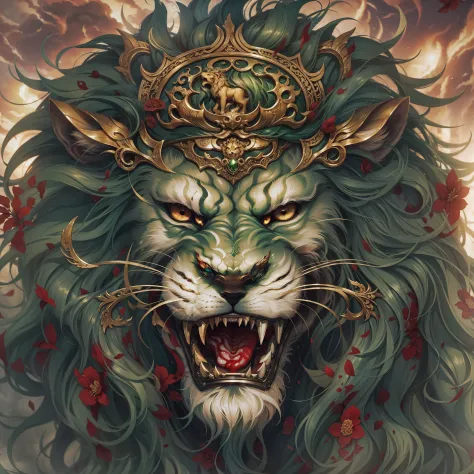 Chinese mythology and stories，Journey，The Green Haired Lion King，Close-up of oversized lion's head，Front close-up，closeup cleava...