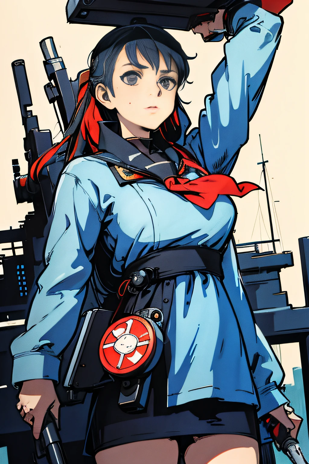 Chica de anime con pistola y mochila de pie frente a un barco, Estilo de la colección Kantai, Chica con piezas de buque de guerra., cancolle, cushart kenz, corona de cushart, estilo carril azul, Female protagonist 👀 :8, Anime Rosie la Remachadora Póster, konpeki no kantai, por Kamisaka Sekka, estilo de primera línea de chicas